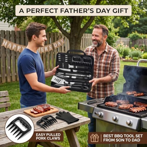 ROMANTICIST 23pcs Heavy Duty Grilling Gifts for Men Dad Fathers Day, Extra Thick BBQ Accessories Tools Set, Stainless Steel Grill Utensils Kit with Meat Claws,Canvas Bag for Outdoor Camping Black