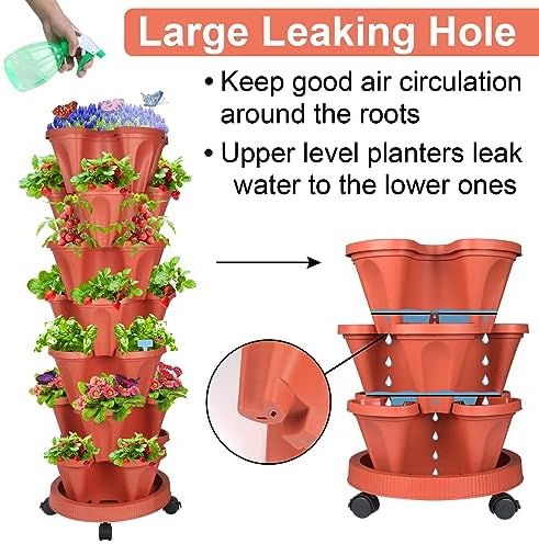 GameXcel Vertical Planter Tower - 7 Tier Stackable Garden Planters with Wheels and Garden Tool Set Plant Pots for Strawberry Herb Flower and Vegetable Indoor Outdoor Use Red