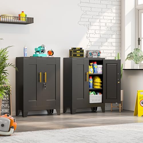 Small Metal Storage Cabinet, Lockable Tool Cabinet with Doors and 2 Shelves