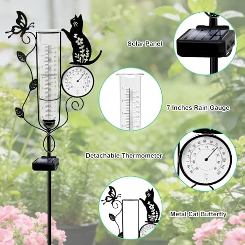 YJFWAL Metal Cat Solar Rain Gauge Outdoor with LED Light and Thermometer