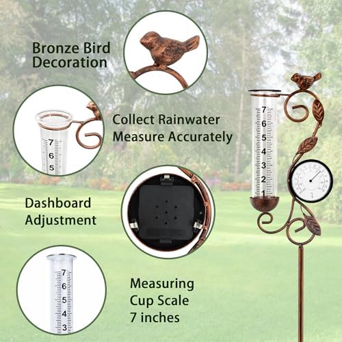 32" Garden Rain Gauge with Thermometer - 7" Glass Tube for Outdoor Indoor Use, Patio Yard Decor Statue