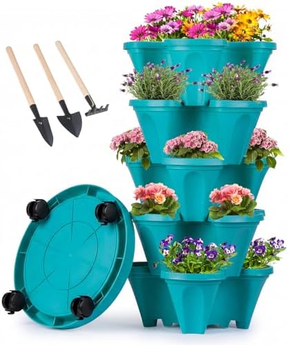 GameXcel Vertical Planter Tower - 5 Tier Stackable Garden Planters with Wheels and Tools Plant Pots for Strawberry Herb Flower and Vegetable Indoor Outdoor Use Teal