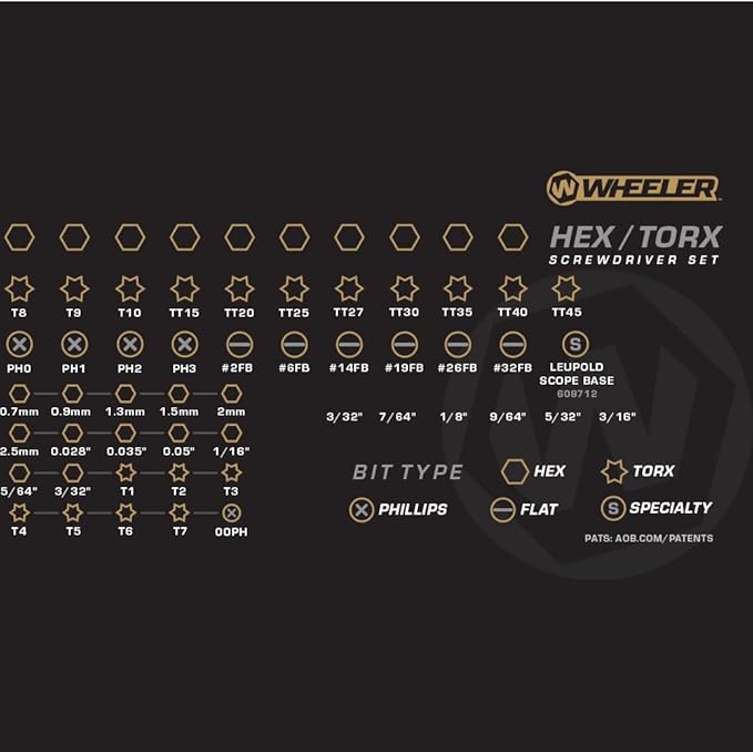 Wheeler 30 Piece SAE/Metric Hex and Torx Benchtop Screwdriver Set for Pistol Rifle Handgun Gunsmithing Rebuild and Maintenance