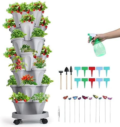 GameXcel Vertical Planter Tower - 7 Tier Stackable Garden Planters with Wheels and Garden Tool Set Plant Pots for Strawberry Herb Flower and Vegetable Indoor Outdoor Use Gray