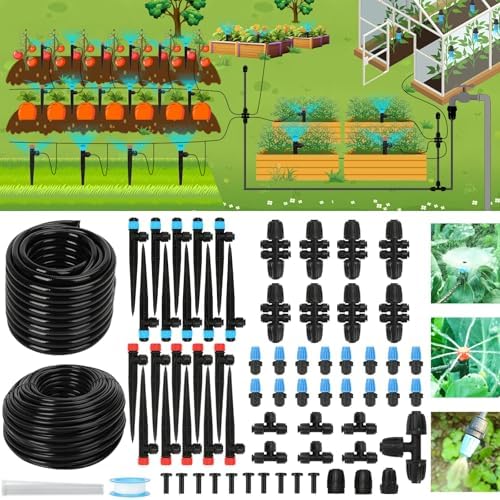 184FT Drip Irrigation System Kit, Automatic Garden Watering Kit with 1/2 Inch Hose & 1/4 Inch Distribution Tubing & Accessories for Yard, Lawn, Greenhouse, Raised Bed, Patio & Outdoor Plants