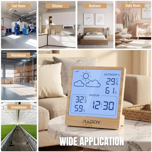 Raddy WF-50T Wireless Weather Station, Light Wood Frame