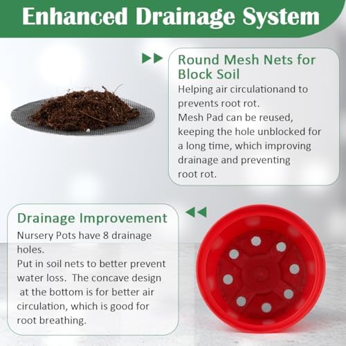 RooTrimmer 20 Pack 6 Inch Plant Pots, Thickened Plastic Flower Pots with 20 Pcs Water Collecting Trays, 20 Soil Block Mesh Pads, Red