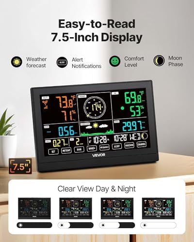 VEVOR 7-in-1 Wireless Weather Station, 7.5-Inch VA Display, Solar Powered Outdoor Sensor, Rain Gauge, Indoor Outdoor for Weather Forecast, Temperature, Humidity, Wind Speed and Direction (No WiFi)