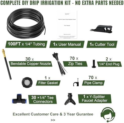100FT Drip Irrigation System Kit Dual-Zone Garden Atomizing Watering System with 30 Copper 360° Adjustable Bendable Nozzles,Y-Splitter, Leak-Proof 1/4" Misting System for Garden Greenhouse Raised Beds