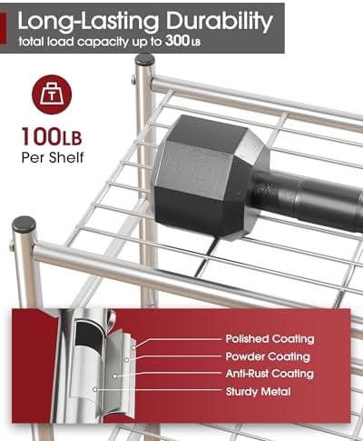 Sakugi Storage Shelves - 3 Tier Shelf Organizer, Sturdy Metal Shelving with Adjustable Leveling Feet, Space-Saving Shelves Organizer for Pantry, Laundry, Kitchen (18" x 12" x 30", Silver)