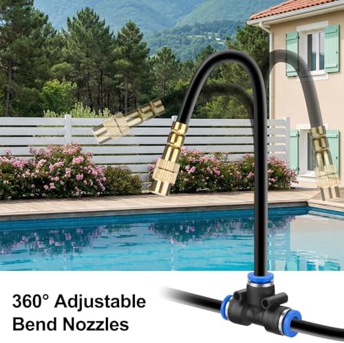 100FT Drip Irrigation System Kit, 1/4 Inch Garden Watering System with 16 Adjustable Brass Nozzles, Automatic Misting Watering Kit for Raised Beds, Greenhouse, Lawn, Patio, Yard
