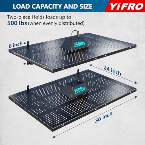 2-Pack 2x3ft Heavy Duty Garage Wall Shelving, 500 lbs Load Capacity, Garage Shelving Wall Mounted, Garage Storage Rack with Hooks, Black