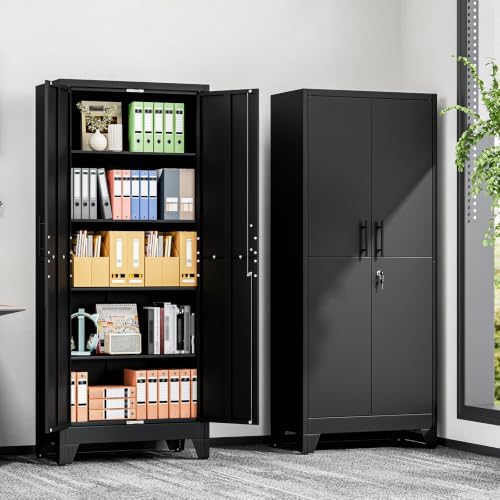Tall Metal Storage Cabinet with Lock, 4 Adjustable Shelves, Steel Cabinet