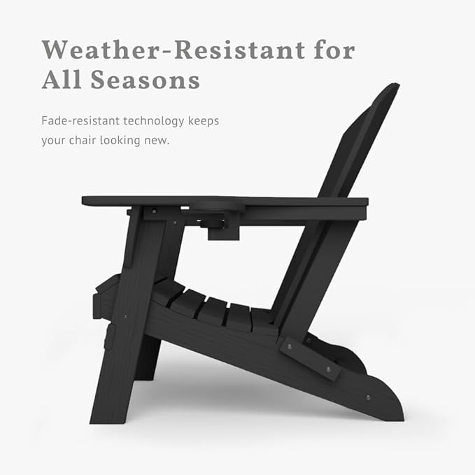Folding Adirondack Chairs with Cup Holders, Set of 6 HDPE Plastic Outdoor Chairs, Weather Resistant, Real Wood Look, Heavy-Duty Patio Furniture for Deck, Fire Pit, Backyard, Black