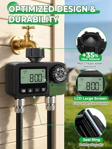 Sprinkler Timer 2 Outlets, Programmable Water Hose Timer with Rain Delay/Manual/Automatic Watering System, Outdoor Digital Auto Irrigation for Garden Yard Lawn with Large Display(Black+Olive Green)