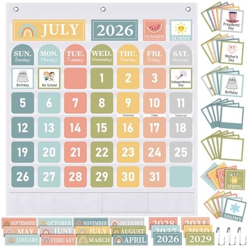 Sinload Classroom Calendar Pocket Chart Muted, Muted Boho
