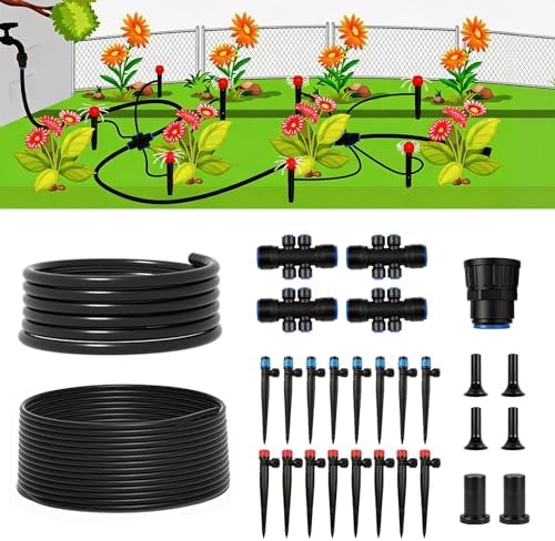 100FT Drip Irrigation System Kit, Quick Connect Garden Watering System, Easy Install Drip Irrigation Kit with 1/2" & 1/4" Tubing, Adjustable Emitters for Garden, Raised Beds, Greenhouse