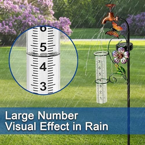 Decorative Rain Gauge Garden Stake with Butterfly and Flower Design, Copper Faucet Style, Metal Garden Decor
