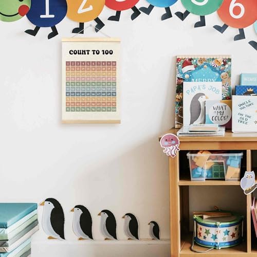 TLESKE Boho Classroom 1-100 Number Hundreds Chart Poster Hanger Frame, Homeschool Hanging Wall Art Decor for Toddlers Kids Room Nursery Playroom, Preschool Prek Learning Educational Poster, 12x16