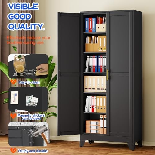 GAIOUS 75''Tall Metal Garage Storage Cabinet,File Cabinet with Door and Adjustable Shelves, Outdoor Steel Tool Cabinet for Home,Office,Warehouse,Garage,Black
