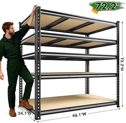 2800 LBS Garage Shelving Heavy Duty 72.2" H Garage Storage Shelves, 5 Tier Adjustable Metal Shelving Unit, Storage Shelves for Workshop, Basement, Warehouse, Shed, Kitchen, 48.1" W x 24.1" D, Black