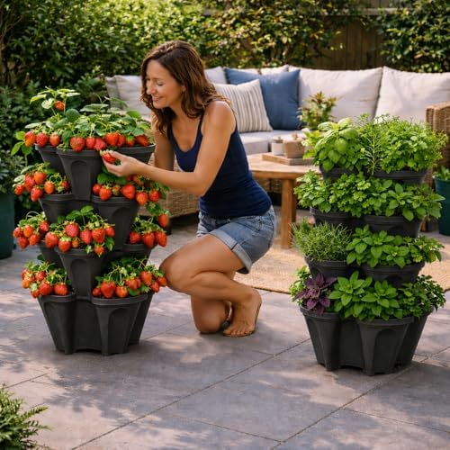 Vertical Garden Planter 4 Tier Stackable System 16 Plants, Space Saving Herb, Strawberry & Food Crop Planter with Center Support Hole for Indoor Outdoor Gardening (4, Midnight Black, Small)