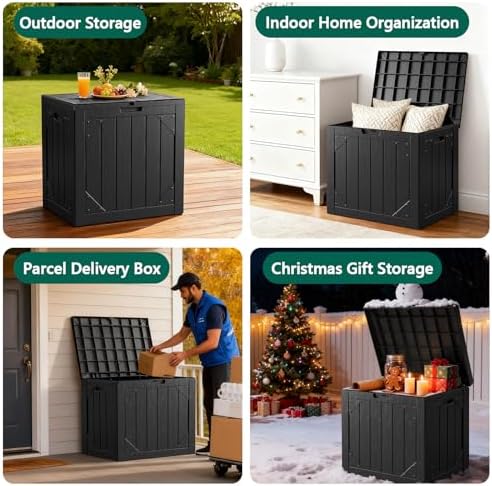 Outdoor Storage Box,30 Gallon Deck Box Outdoor Storage Bench Outside Waterproof Resin Storage Bench, Lockable Patio Cushions, Garden Tools Storage For Furniture, UV Resistant Black