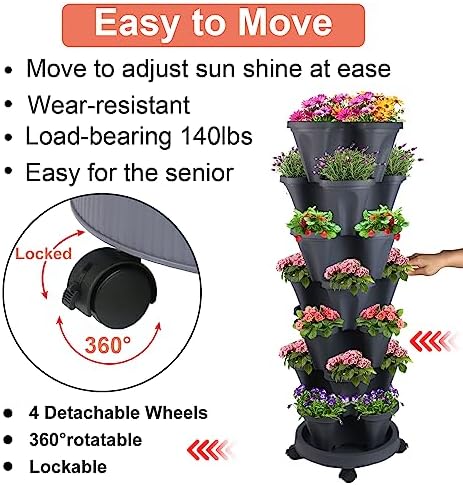 GameXcel Vertical Planter Tower - 7 Tier Stackable Garden Planters with Wheels and Tools Plant Pots for Strawberry Herb Flower and Vegetable Indoor Outdoor Use Dark Gray