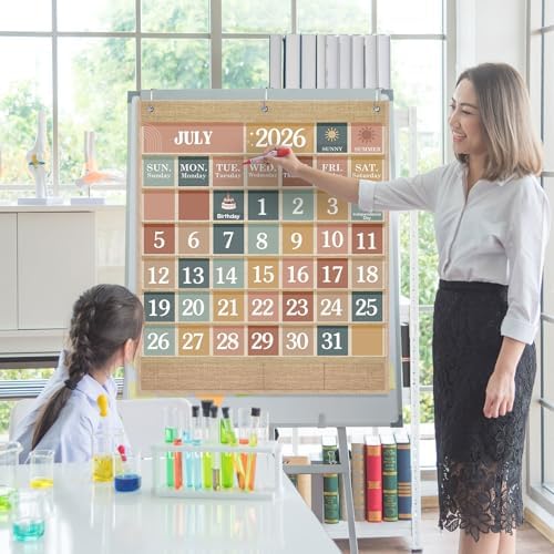 Sinload Classroom Calendar Pocket Chart Linen Color, Modern Boho