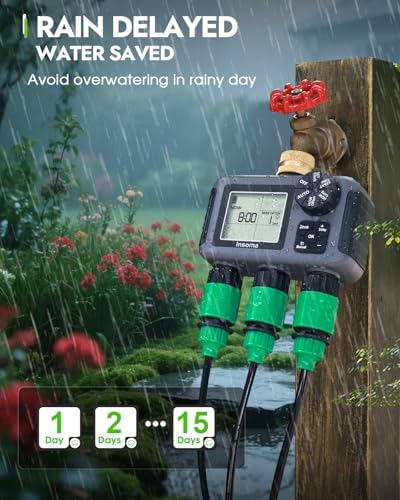 Insoma 3-Zone Sprinkler Timer with Brass Inlet + IPX5 Waterproof | Programmable Auto/Manual Irrigation Mode with Rain Delay & Large LCD | Water Hose Timer 3 Outlets for Garden, Lawn, Yard, Pool
