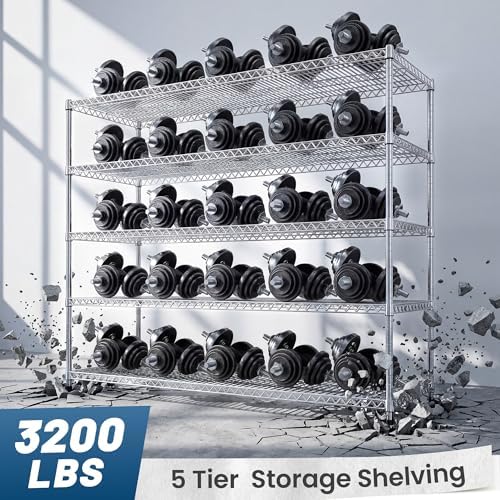 REIBII 55.5" W Storage Shelves 3200LBS Metal Shelving 5 Tier Wire Shelving Garage Shelving Heavy Duty Metal Shelves for Shelving Unit Commercial Adjustable Shelf, 55.5" W X 18''D X 71" H，Chrome,2P