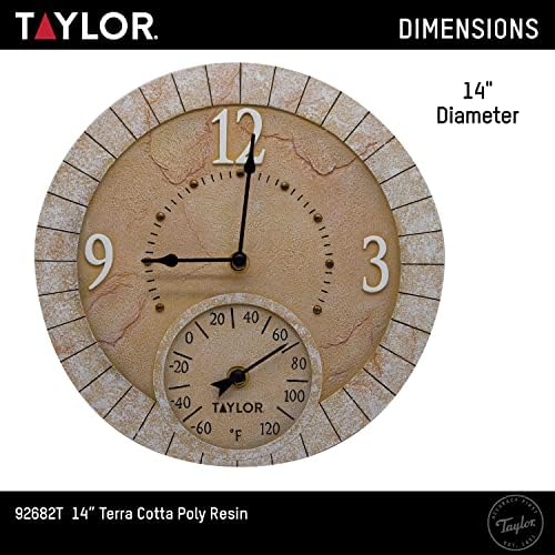 Taylor Terra Cotta Poly Resin Indoor and Outdoor Clock and Thermometer, Home Decor for Garden, Patio, Pool, and Indoor Areas, 14-inch, Multi-Color