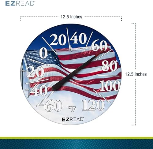 EZREAD Hanging Dial Thermometer 840-1221 Weather Thermometers for Indoor and Outdoor Use, Large 12.5 Inch Diameter, Easy to Read Numbers, American Flag