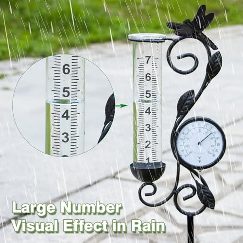 Dragonfly Rain Gauge Garden Decor, 32" Thermometer Patio Decor, 7" Capacity Rain Gauge Replacement Tube Glass, Outdoor Temperature Patio Decor