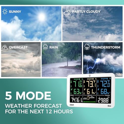 OBET Weather Station Wireless Indoor Outdoor Thermometer Wireless, Color Display Digital Temperature and Humidity Monitor with 3 Sensors, Alerts, Adjustable Backlight, USB Port (500 Feet) White
