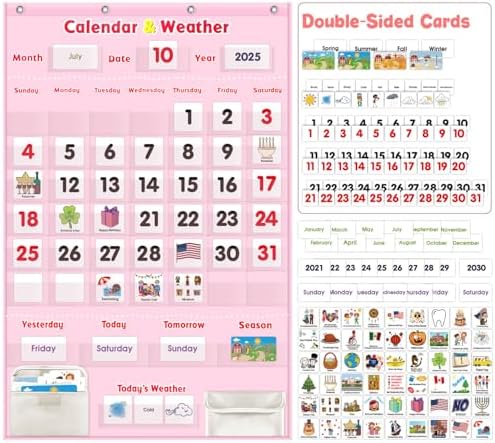 Interactive Calendar for Kids - Learning Calendar Wall Chart with Daily Weather, Seasons for Toddlers Preschool - Homeschool Classroom Must Haves Supplies for Circle Time Morning Board (Pink)