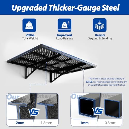 Avalution Garage Wall Shelving,2x3ft Garage Shelving Wall Mounted 2 Pack,Heavy Duty Wall Organizer Storage Shelf with Hooks,650lbs Capacity Floating Shelves for Laundry, Basement,Warehouse,Black