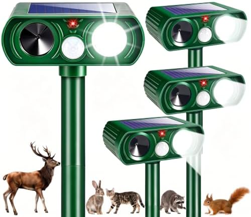 2026 Upgraded Sonic Fortress Pro Deer Repellent Devices,Solar Ultrasonic Animal Repellent with Motion Sensor & Strobe Light Waterproof Cat Deterrent Outdoor for Backyard,Yard,Flower Bed 4Pack