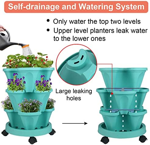 GameXcel Vertical Planter Tower - 3 Tier Stackable Garden Planters with Wheels and Tools Plant Pots for Strawberry Herb Flower and Vegetable Indoor Outdoor Use Teal
