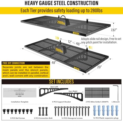 Aecxm 2-Pack 1.64x4ft Adjustable Garage Wall Shelving 560lbs Load Capacity Heavy Duty Wall Mounted Storage Shelf Metal Floating Shelves for Garage(Black)