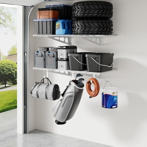 FLEXIMOUNTS 2-Pack 2x4ft Garage Shelving with Hooks, 600lbs Load, White