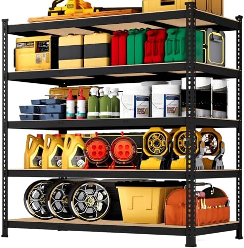 48" W x 24" D x 72" H Garage Shelving Heavy Duty - 5 Tier Metal Storage Shelves, Adjustable Shelving Unit, Utility Rack Shelf for Pantry, Warehouse, Closet, Office, Kitchen, Black