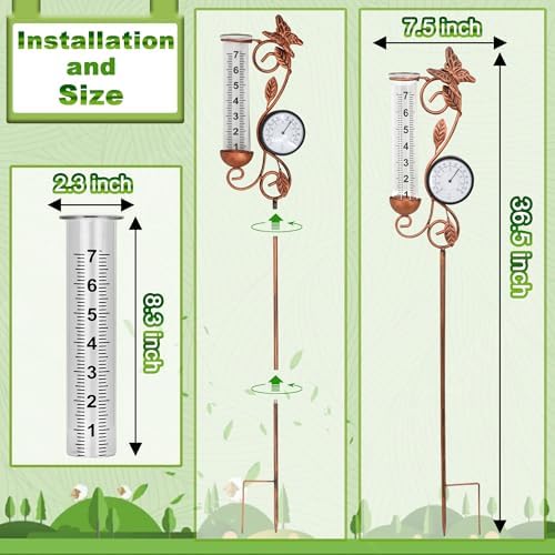Butterfly Rain Gauge Garden Decor, 32" Thermometer Patio Decor, 7" Capacity Rain Gauge Replacement Tube Glass, Outdoor Temperature Patio Decor