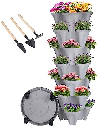 GameXcel Vertical Planter Tower - 7 Tier Stackable Garden Planters with Wheels and Tools Plant Pots for Strawberry Herb Flower and Vegetable Indoor Outdoor Use Gray