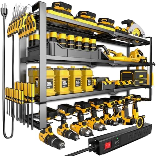 MOOMSINE Large Power Tool Organizer Wall Mount with Charging Station for Garage, 400lbs Metal Storage Rack with 8 Cordless Drill Holder, 4 Tier Heavy Duty Battery Tool Shelf with 5 Outlet Power Strip