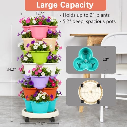 VECELO 7 Tier Vertical Garden Planter, Self Watering Stackable Planters with Wheels for Strawberries, Herbs, Flowers, Vegetables, Multicolor
