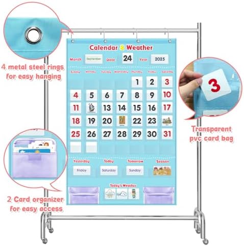 Morning Board Calendar for Toddlers - Preschool Learning Wall Chart for Classroom & Homeschool Interactive Educational Calendar with Pockets for Weather, Days of The Week, Seasons (Light Blue)