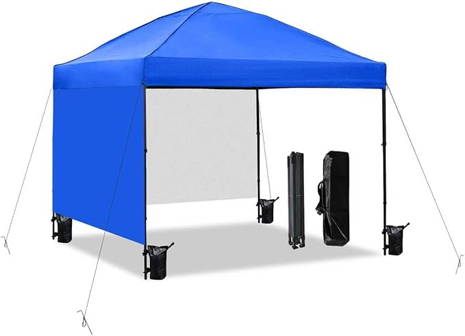 10x10 Pop Up Canopy Tent with 2 Sidewalls, Easy Up Canopy Outdoor Party Sun Shade Tent Portable Gazebo for Beach Camping Events with Carry Bag and 4 Sand Bags