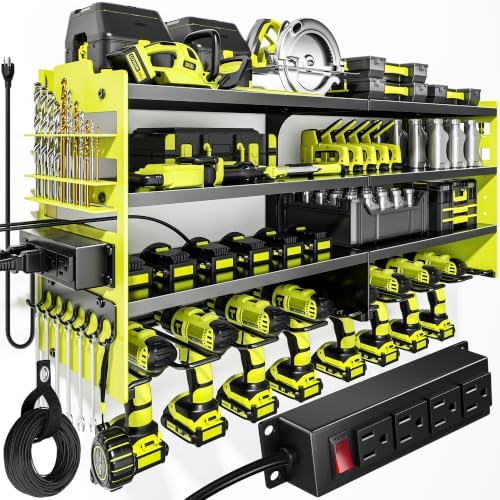 POKIPO Upgrade Power Tool Organizer Wall Mount with Charging Station,4 Layer Heavy Duty Metal Storage Rack Loads 600lbs with 8 Cordless Drill Holder,4 Outlet Power Strip Battery Utility Rack for Man
