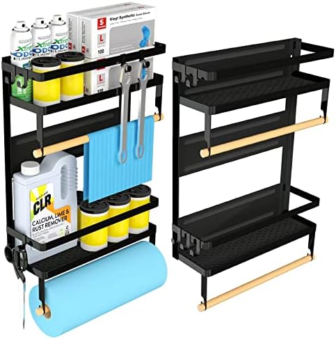 Magnetic Paper Towel Holder with Multi-Layer Storage Shelf, Stable Magnetic Organizer for Refrigerator, Garage Tool Cabinet and RV, Wall Mount Spice Rack and Paper Roll Hanger (Large- Black)